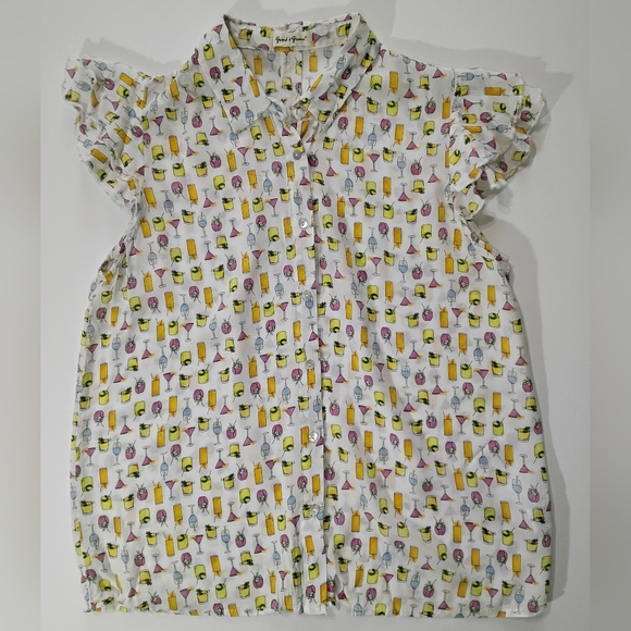 Grand & Greene Blouse Womens Medium White Cocktail Print Flutter Cap Sleeve - Picture 1 of 6